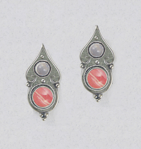 Sterling Silver Gothic Look Post Stud Earrings With Rhodocrosite And Rainbow Moonstone